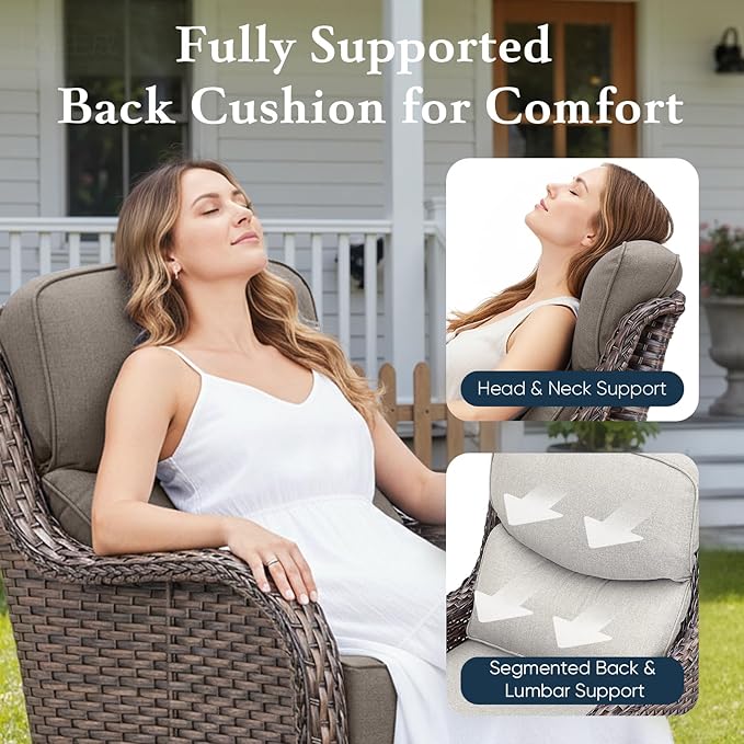 Belord Luxury 6" Thick Cushioned Outdoor Swivel Rocker Patio Chairs Set of 4 with Side Table, High Back Wicker Furniture Set with Ergonomic Zone Back, Conversation Set for Deck Porch - Brown+Grey