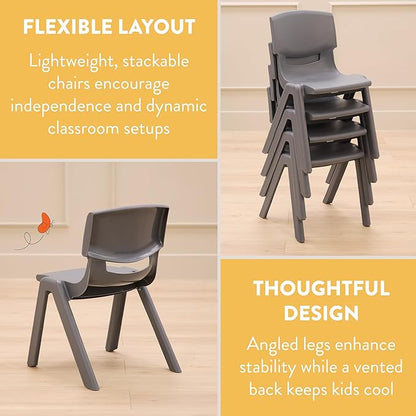 Stackable School Chairs, 14", Kids Furniture, Grey, 4-Pack
