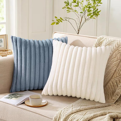 Pallene Faux Fur Plush Throw Pillow Covers 26x26 Set of 2, Luxury Soft Fluffy Striped Decorative Pillow Covers for Sofa, Couch, Living Room, Blue Grey