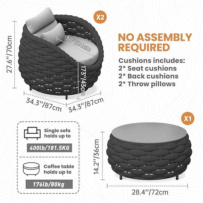 3 Pieces Woven Rope Patio Furniture Sofa Sets: Aluminum Outdoor Conversation Set of 2 - Assembled Modern Cushions Couch Armchair Table Set - All Weather for Indoor Deck Porch Pool Hotel