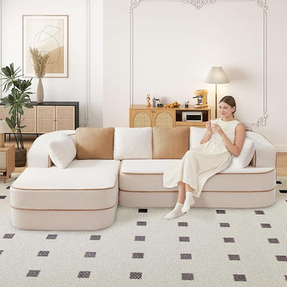 Cloud Sectional Sofa Modern Boneless Couch for Living Room, Comfy Deep Seat Comfy Teddy Fabric Double Sofa Chaise No Assembly Required (White, 106" L Shape with Left Facing)