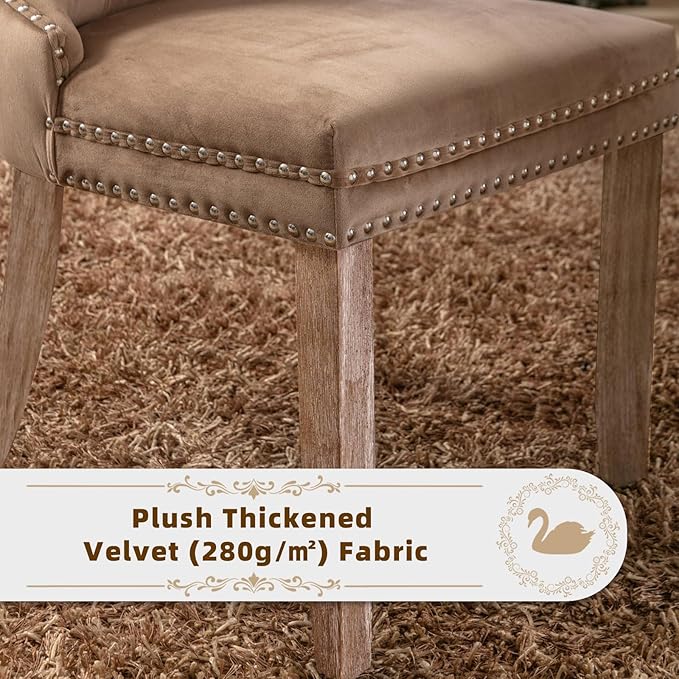 Velvet Upholstered Dining Chairs Set of 4, Modern Style Kitchen Side Chairs with Nailhead Trim and Wood Legs,Metal Pulling Ring for Dining Room Living Room