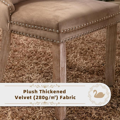 Velvet Upholstered Dining Chairs Set of 6, Modern Style Kitchen Side Chairs with Nailhead Trim and Wood Legs,Metal Pulling Ring for Dining Room Living Room(Khaki,Set of 6)