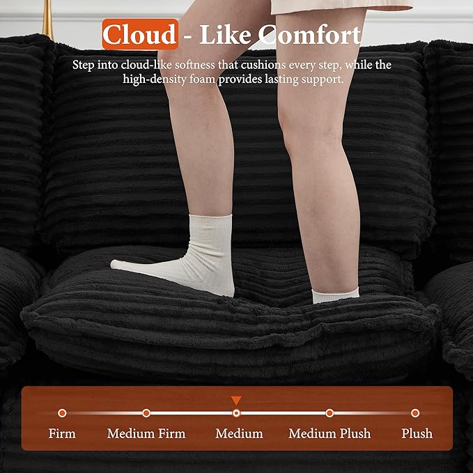 108" Sectional Couches for Living Room Boneless Couch Upholstered Cloud Couch Sectional Modular Sectional Sofa with L Shaped (Corduroy-Black, 3 Seat+2 Ottoman)