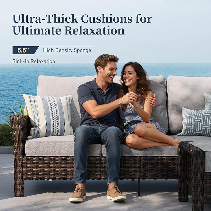 6 Piece Patio Furniture Set with Swivel Chairs, High Back Wicker Rattan Sofa with Extra Thick Cushion, Coffee Table and Ottoman, Outdoor Conversation Set for Backyard Deck, Grey
