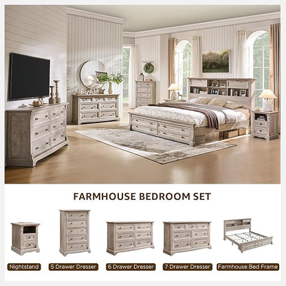 Farmhouse 6 Drawers Dresser for Bedroom, 54" Wide Large Dressers & Chests of Drawers w/Roman Column, Wooden Dresser TV Stand with Large Drawers for Nursery Bedroom Living Room Hallway,Light Rustic Oak