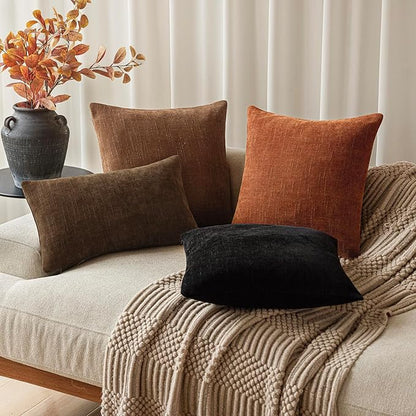 Foindtower Pack of 2 Soft Textured Chenille Throw Decorative Pillow Covers Square Accent Solid Cushion Cover Cozy Neutral Farmhouse Pillow Case for Couch Sofa Bedroom Living Room 18x18 Inch,Orange
