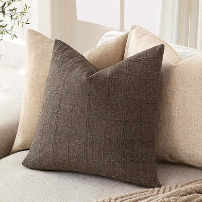 Foindtower Set of 2 Decorative Linen Check Throw Pillow Covers Neutral Farmhouse Vintage Cushion Covers Modern Boho Home Decor for Sofa Chair Couch Bedroom Living Room,18×18 Inch,Dark Brown