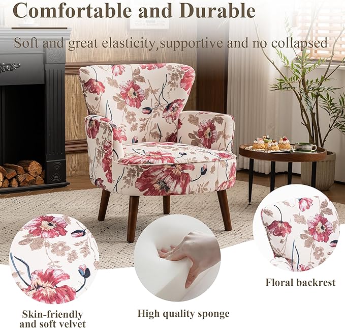 Floral Accent Chair, Upholstered Living Room Chairs with Solid Wood Legs, Mid Century Modern Velvet High Back Armchair for Living Room, Bedroom, Pink