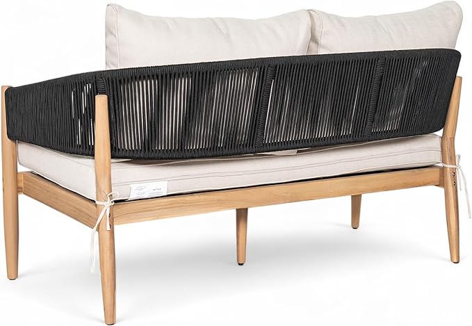 Christopher Knight Home Katarina Patio Acacia Wood Loveseat Furniture, Outdoor Loveseat Sofa with Comfy Fabric Cushions, 2-Seater Sofa with Handwoven Rope Backrest for Garden/Backyard, Black+Beige
