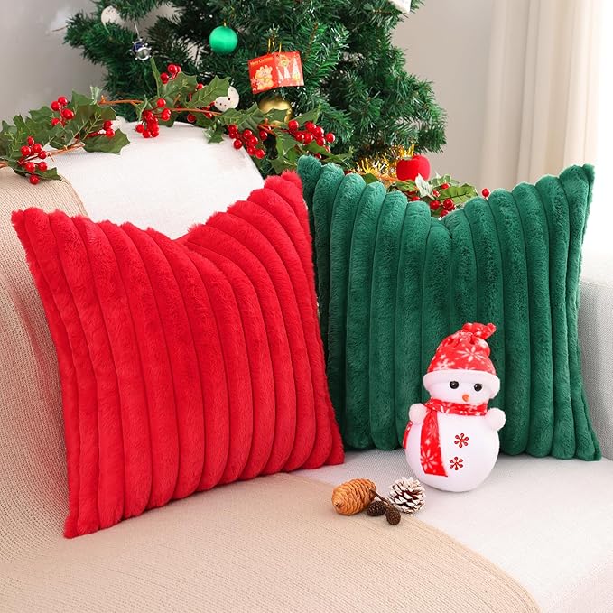 Pallene Faux Fur Plush Lumbar Christmas Throw Pillow Covers 12x20 Set of 2, Luxury Soft Fluffy Striped Decorative Pillow Covers for Sofa, Couch, Living Room, Christmas Green