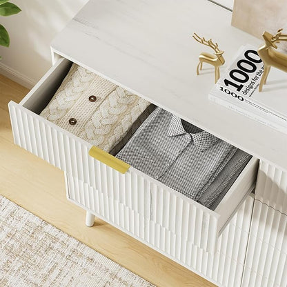 LYNSOM Fluted 8 Drawer Dresser for Bedroom, 55" Wide Modern Chest of Drawers with Curved Profile Design and Metal Handles, Wood Dresser TV Stand & Storage Organizer for Bedroom, Hallway, White