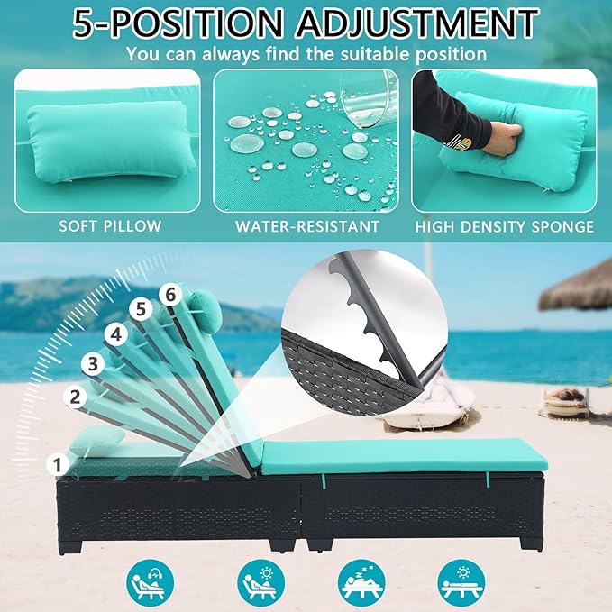 3 PCS Patio Chaise Lounge with Coffee Table Cushion&Pillow Outdoor Lounge Chair Chaise Lounger Patio Reclining Chair 5 Angle Adjustment Black PE Rattan for Courtyards Poolside Garden (Green)