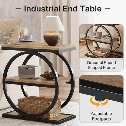 Tribesigns Side End Table with 3 Storage Shelves, Industrial Sofa Table with Round Metal Frame for Living Room, Engineered Wood Nightstand for Bedroom, Oak