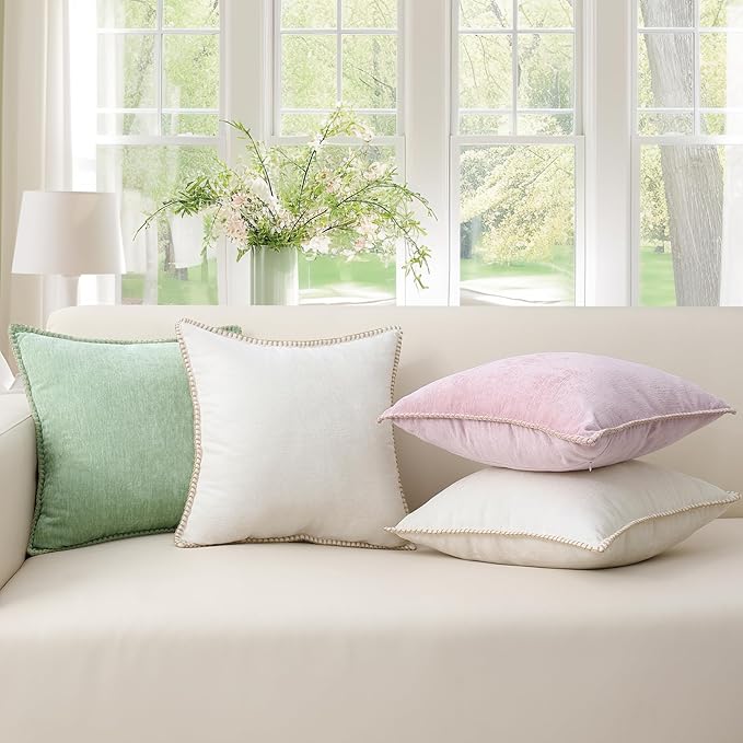decorUhome Christmas Chenille Soft Throw Pillow Covers 18x18 Set of 2, Farmhouse Velvet Neutral Decorative Euro Pillow Covers with Stitched Edge for Couch Sofa Bed Home Decor, Sage Green