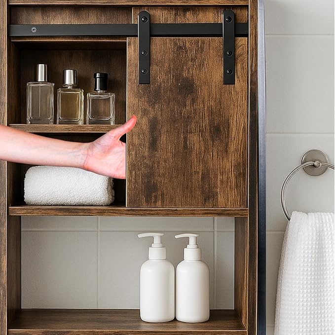 Over The Toilet Storage Cabinet, Behind Toilet Bathroom Organizer with Adjustable Shelves, Above Toilet Organizers with Barn Door, Space Saver for Restroom, Bathroom, Laundry, Rustic