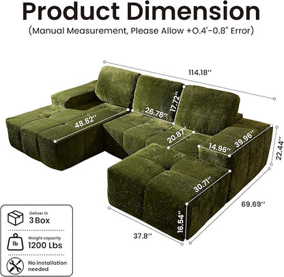 114" Glitter Cloud Sectional Couch with L-Shape Chaise & Ottoman, Modern Boneless Couches for Living Room, Fluffy Tufted Deep Seat Modular Sofa No Assembly (Green Sparkly Velvet,Left Facing)