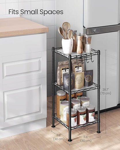 SONGMICS 3-Tier Bathroom Shelf, Storage Rack for Small Space, with 3 PP Shelf Liners, Removable Hook, Extendable Design, Ink Black and Translucent ULGR103B01