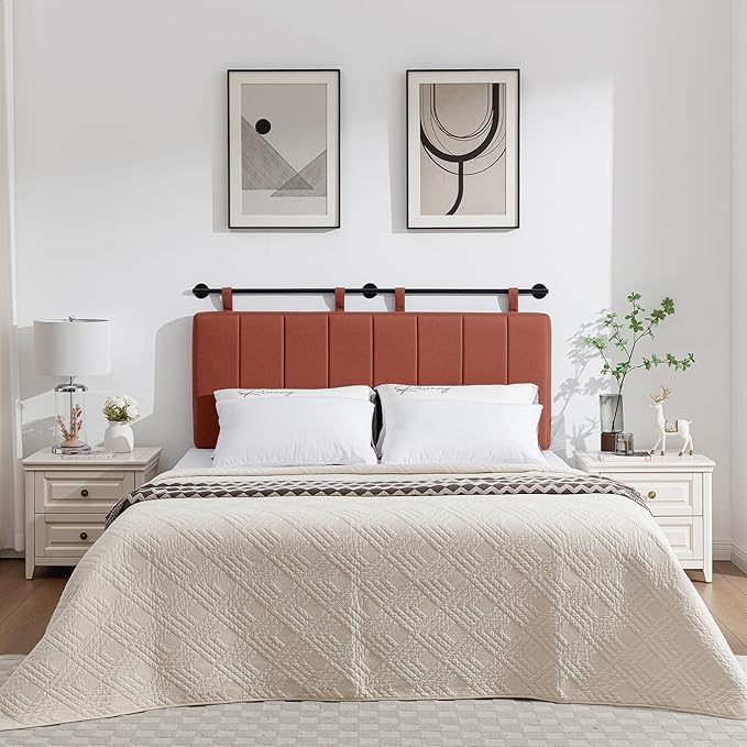 UEV King Headboard Only, Wall Mounted Hanging Upholstered Bed Head Board, Modern Vertical Channel Design of Fine Linen, Elegant Orange Fluted Headboard for Bedroom (Orange, King Size)