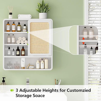 Wall Bathroom Cabinet with Flax Sliding Door, Wood Medicine Cabinet with Adjustable Shelf, Hanging Cabinet for Bathroom, Livingroom (White-1)