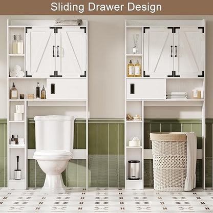 ChooChoo Over The Toilet Storage Cabinet, Farmhouse Bathroom Storage Cabinet with Sliding Door, Over Toilet Storage with Adjustable Shelves, Space-Saving, White