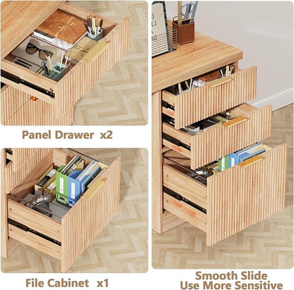 60'' Fluted Executive Desk with Drawers,Wood Home Office Desk with Storage Modern Fluted Computer Writing Desk for Study, Living Room, Bedroom,Natural Oak