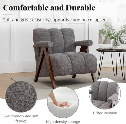 Mid Century Modern Accent Chairs Set of 2 with Solid Wood Frame, Boucle Upholstered Living Room Chairs with Thick Cushion, Comfy Tufted Arm Chair for Bedroom, Grey