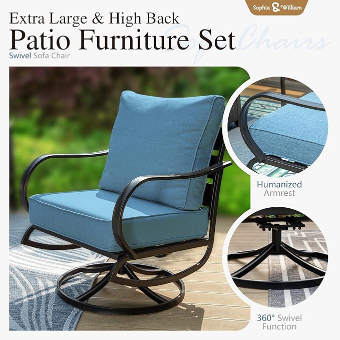 Sophia & William Patio Furniture Sets for 7 Outdoor Conversation Set 6 Pcs with 4 x Armrest Cushioned Sofa Chairs, 1 x 3-Seat Sofa, 1 Marbling Metal Coffee Table Garden Backyard Poolside Navy