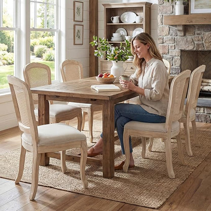 Wicker Dining Chairs Set of 2, Upholstered Linen Fabric Dining Room Chairs with Square High Rattan Back Farmhouse French Kitchen Chairs for Dining Table/Living Room/Restaurant, White