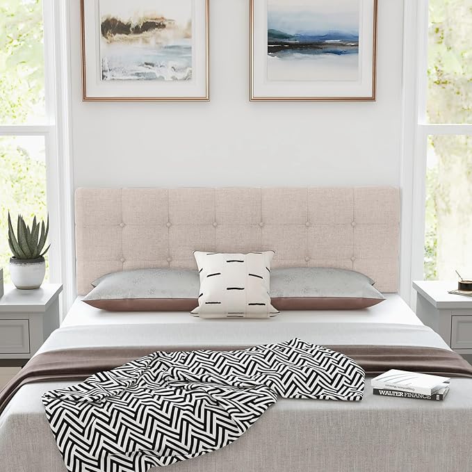 KOMFOTT Linen Upholstered Headboard for Full & Queen Size Bed Frame, Tufted Button Bed Headboard with Solid Rubber Wood Legs, Rectangular Headboard with Adjustable Width, Beige