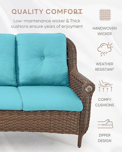 Patio Loveseat Outdoor Wicker Sofa - Heavy Duty All-Weather Brown Rattan 2-Person Sofas with High Back and Comfortable Thick Cushions for Garden Back Porch Poolside Apartment - Turqoise