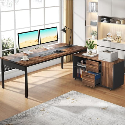 Tribesigns 71 inch Executive Desk, L Shaped Desk with Mobile File Cabinet, Executive Office Table with 2 Drawers and Storage Shelves, Business Furniture Workstation for Home Office, Walnut and Black