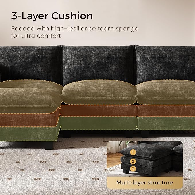 KKL Modular Sectional Sofa Bed, 4 Seater Convertible L-Shaped Sleeper Cloud Couch with Ottoman, Chenille Sectional Couches for Living Room, Apartment Black