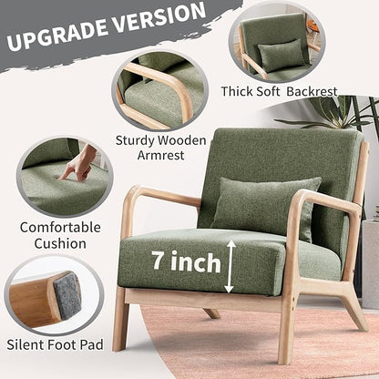 ANJ ANJHOME Mid Century Modern Accent Chair, Comfy Fabric Reading Chair with Solid Wood Frame, Easy Assembly Armchair for Living Room Blackish Green