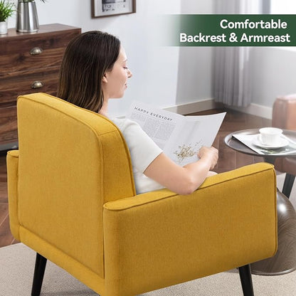 Mid Century Accent Chair, Fabric Modern Chair with Wooden Frame, Cozy Armchair Reading Chair with Comfy Back for Apartment, Living Room, Bedroom, Waiting Room, Small Space, Corner, Yellow