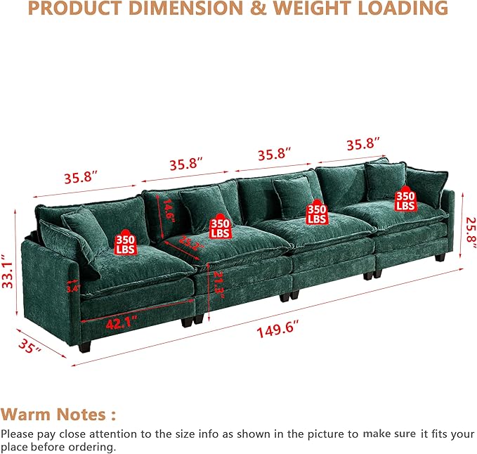 Aoowow Modular Sectional 4 Seater Cloud Sofa Couch for Living Room,149.6" Cloud Sofas with Deep Seat,Modern Chenille 4 Seat Sofas,Fluffy Cloud Couches for Bedroom,Office,Hotel (Green, 4 Seater)