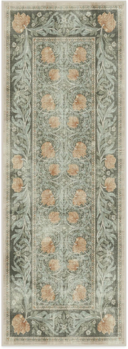 RUGGABLE x Morris & Co Machine Washable Runner Rug – Pimpernel Vintage Green 2.5x7, Stain-Resistant, Non-Slip – Washable Rug for Hallway, Entryway, Living Room & Kitchen–with Cushioned Pad