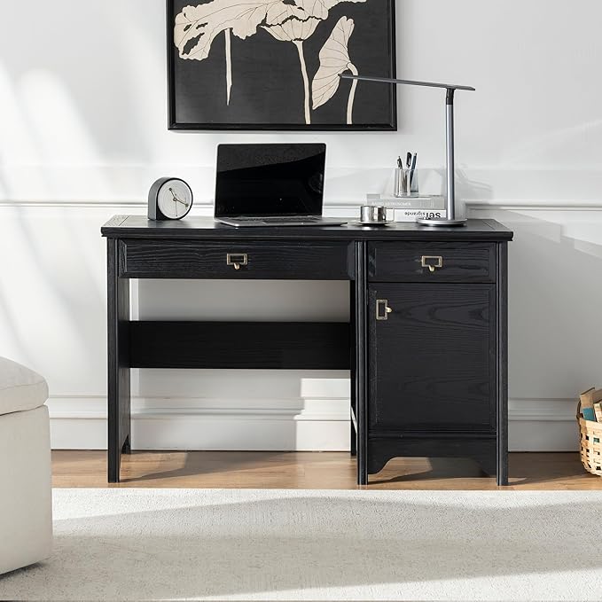 Chogori 47" Solid Wood Executive Desk, Farmhouse Office Computer Desk with 2 Drawers & Storage Cabinet, Wooden Writing Table for Home Office Study Bedroom, Black