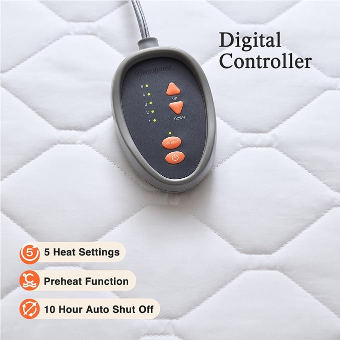 Beautyrest Cotton Blend Heated Mattress Pad Secure Comfort Technology - Luxury Quilted Electric Mattress Pad with Deep Pocket - 5-Setting Heat Controllers, Twin, White