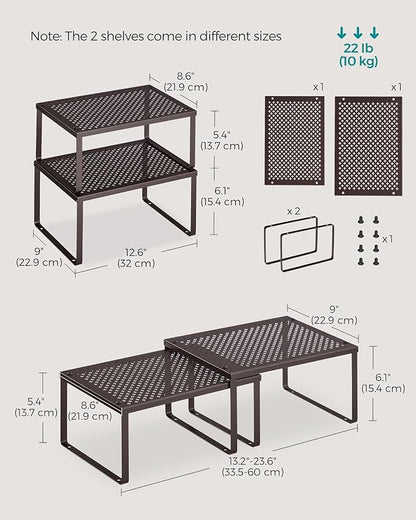 SONGMICS Spice Racks, Set of 4 Metal Cabinet Shelf Organizers, Countertop Organizers, Shelf Risers, Stackable, Expandable, Brown UKCS06BR