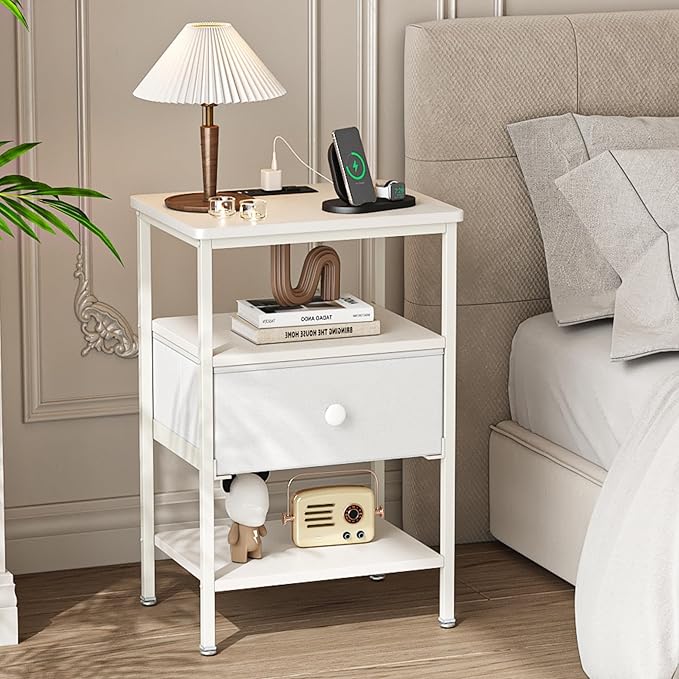 VECELO Night Stand with Charging Station, End Tables with Open Storage Shelf, Bed Side Tables with Fabric Drawers for Bedroom,Living Room,Elegant White