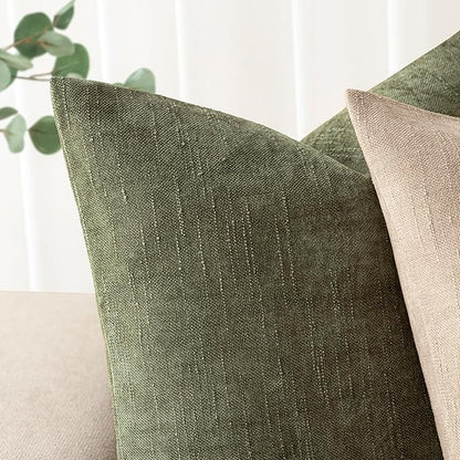 Foindtower Pack of 2 Textured Chenille Throw Decorative Pillow Covers Square Accent Solid Cushion Cover Neutral Farmhouse Lumbar Pillow Case for Couch Sofa Bedroom Living Room 12x20 Inch,Dark Green
