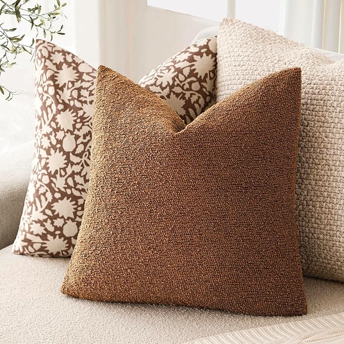 Foindtower Set of 2, Decorative Textured Boucle Throw Pillow Covers Accent Solid Pillow Cases Neutral Soft Cozy Couch Cushion Case for Chair Sofa Bedroom Living Room Home Decor 16x16 Inch Hazel Brown