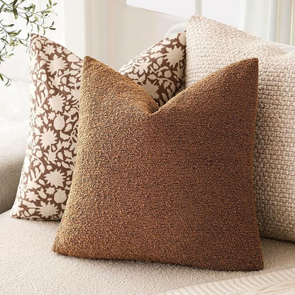 Foindtower Pack of 2, Decorative Textured Boucle Throw Pillow Covers Neutral Accent Solid Pillow Cases Cozy Soft Couch Cushion Case for Chair Sofa Bedroom Living Room Home Decor 22x22 Inch Hazel Brown