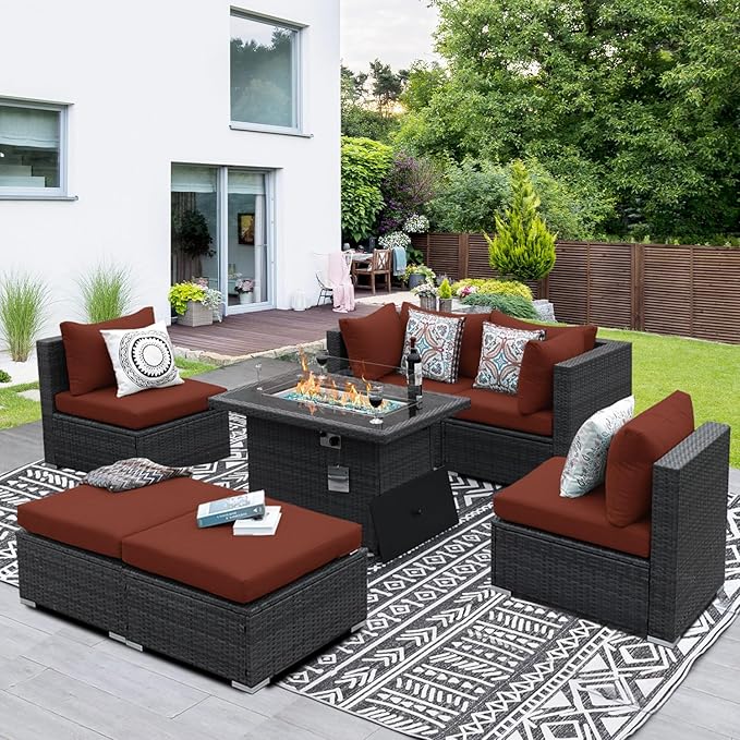NICESOUL 7 Piece Oversized Patio Furniture Sofa Set with Fire Pit Table Propane Natural Gas Convertible, 29.3'' High Back Sturdy Outdoor Conversation for Heavy People, 2 Color Cushion Wine & Gray