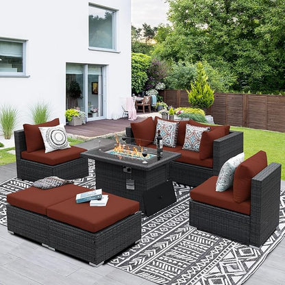 NICESOUL 7 Piece Oversized Patio Furniture Sofa Set with Fire Pit Table Propane Natural Gas Convertible, 29.3'' High Back Sturdy Outdoor Conversation for Heavy People, 2 Color Cushion Wine & Gray
