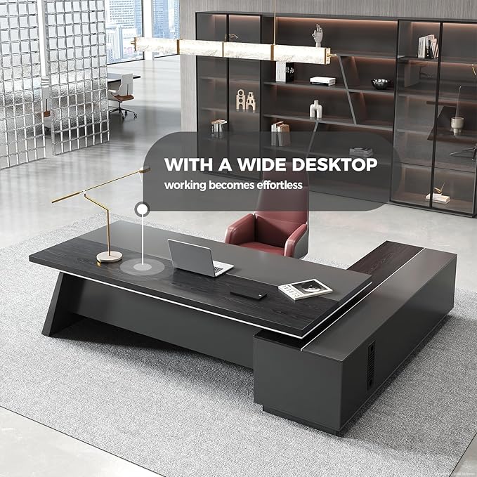 L Shape Executive Desk with Drawers – Modern Large Office Desk for Home Office, Spacious Computer Workstation with Storage Cabinets, Black Finish (Black/Left, 87" L * 63" W * 30" H)
