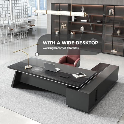 L Shape Executive Desk with Drawers – Modern Large Office Desk for Home Office, Spacious Computer Workstation with Storage Cabinets, Black Finish (Black/Left, 87" L * 63" W * 30" H)