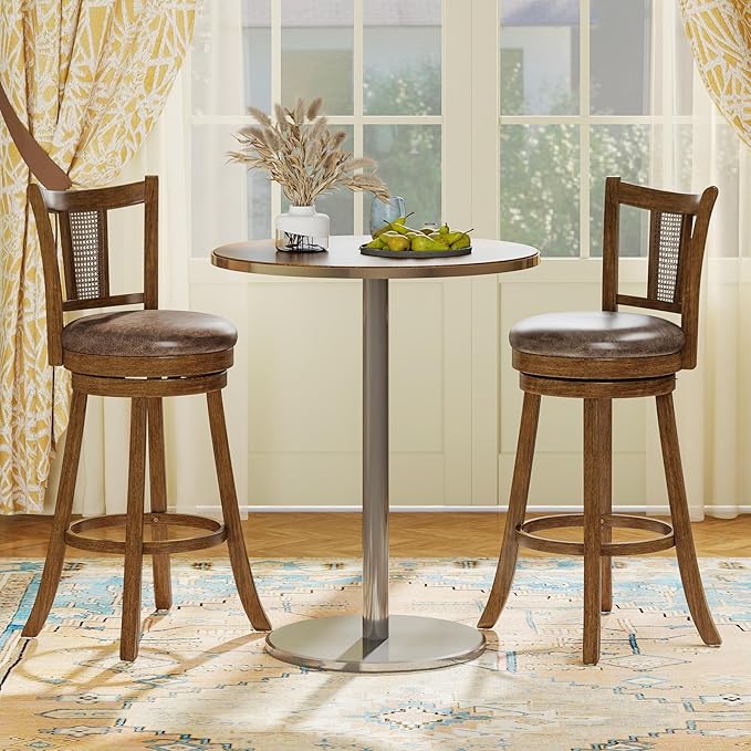 COSTWAY Barstools Set of 2, 30” Solid Rubber Wood Swivel Bar Chairs with Faux Leather Seat, Curved PE Rattan Back, for Living Room & Kitchen Island, Brown (2, 30” Seat Height)
