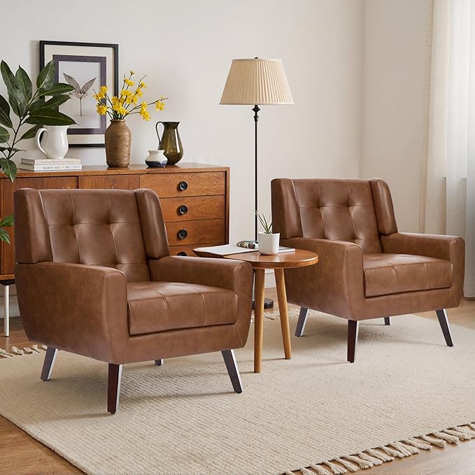 Faux Leather Accent Chairs Set of 4, Mid-Century Modern Upholstered Armchair, Comfy Living Room Chairs Reading Chairs with Button Tufted Back & Solid Wood Legs for Bedroom, Office, Coffee